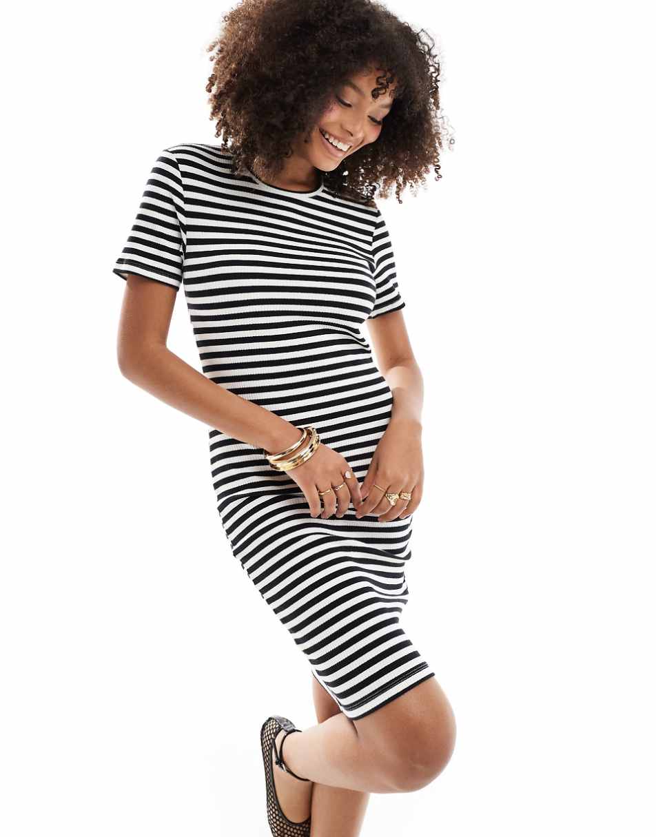 Pieces ribbed t-shirt mini dress in black and white stripe