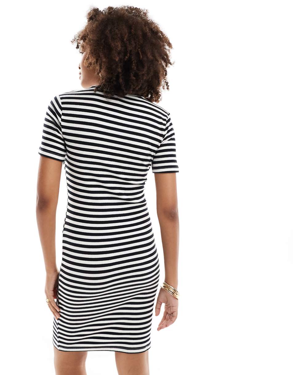 Pieces ribbed t-shirt mini dress in black and white stripe