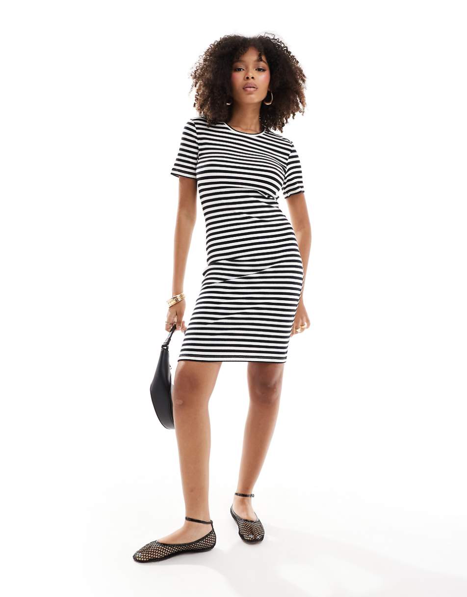 Pieces ribbed t-shirt mini dress in black and white stripe