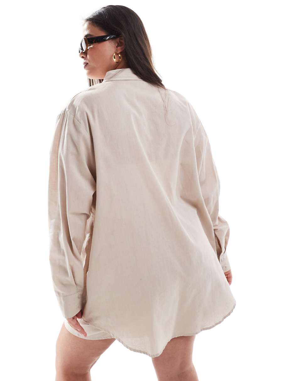 Esmee Exclusive Curve textured oversized long sleeve beach shirt in oat