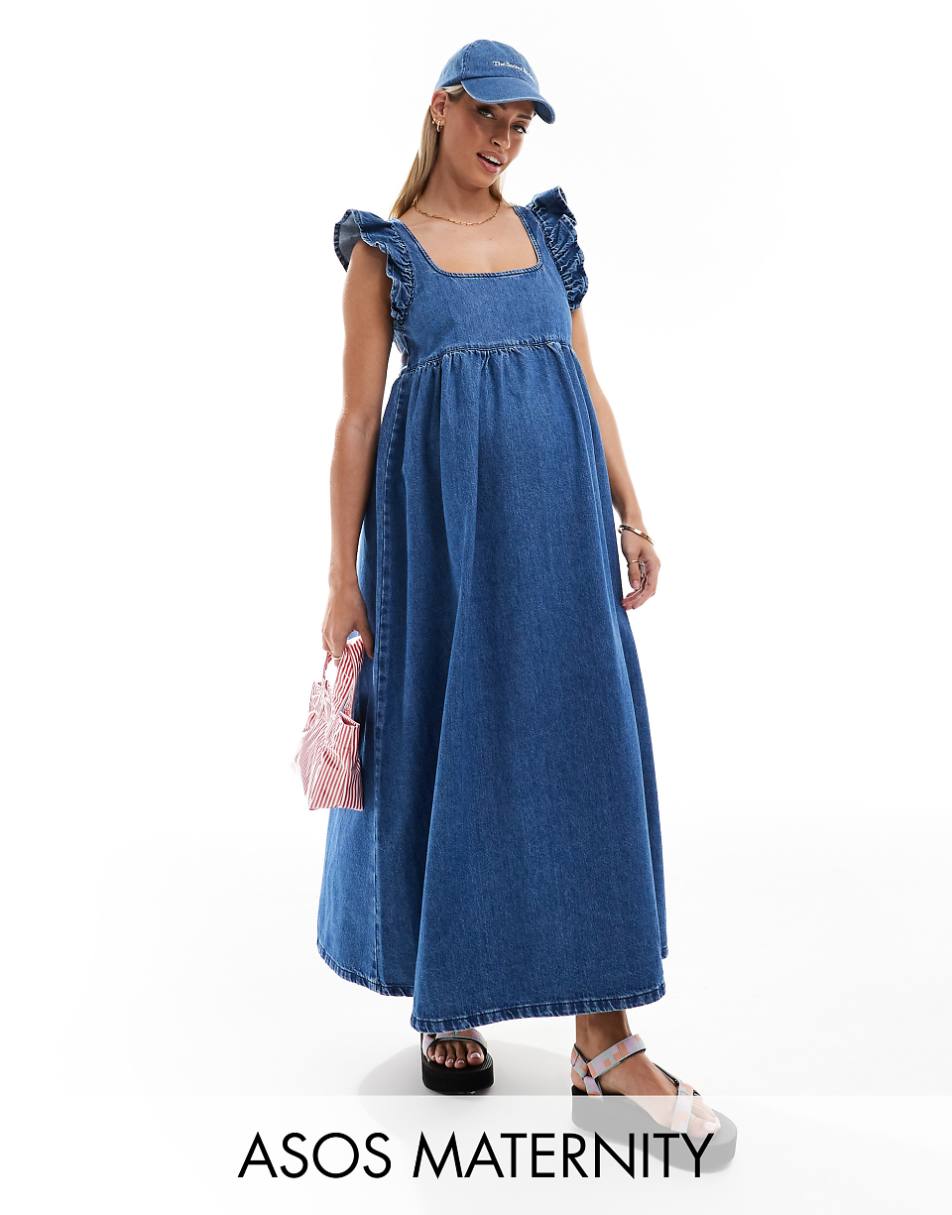 ASOS DESIGN Maternity soft denim smock maxi dress with bow back in midwash blue