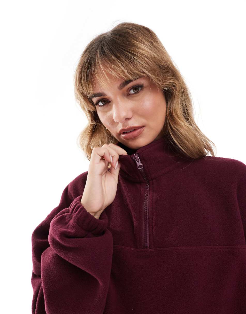 ASOS DESIGN half zip fleece in burgundy