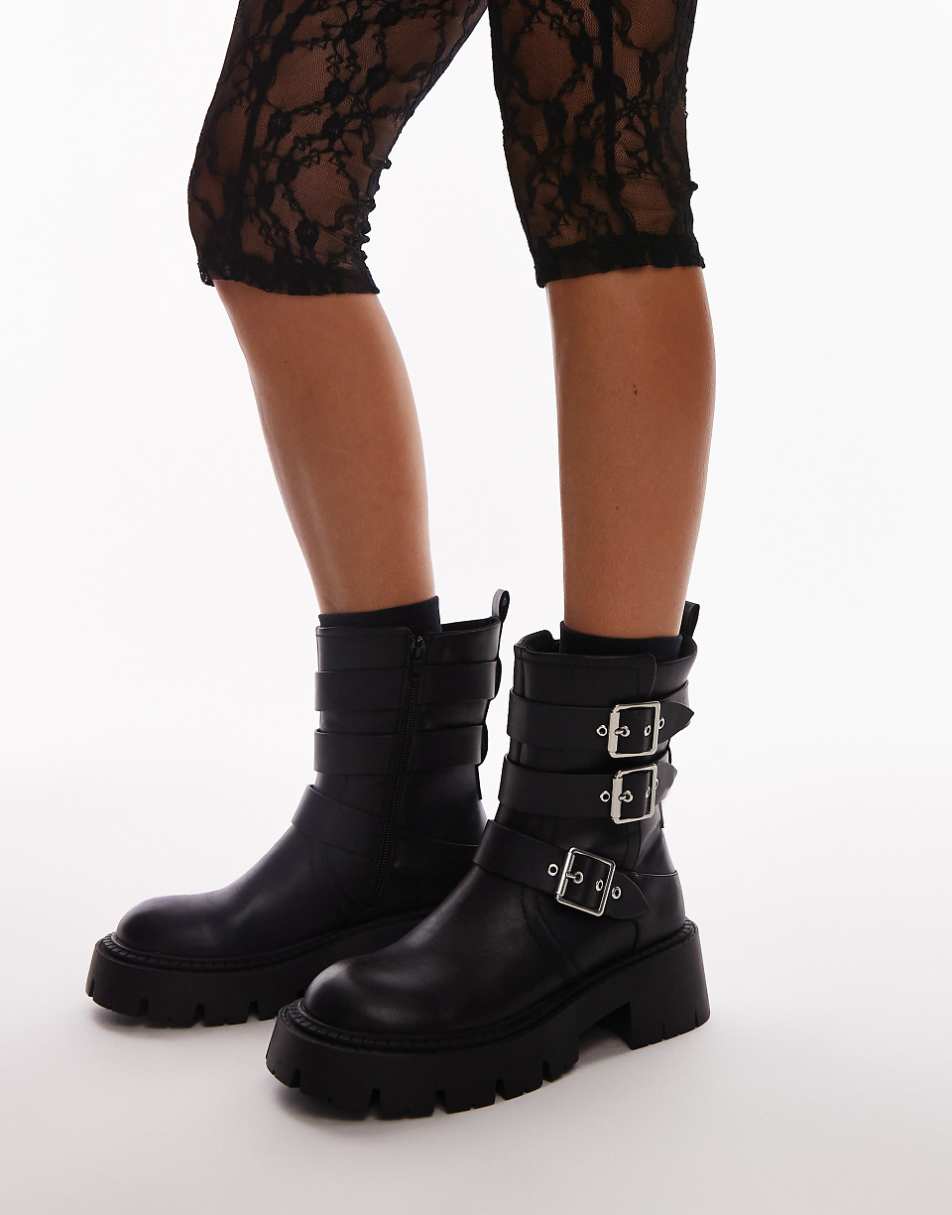 Topshop Wide Fit Luke chunky biker boots with buckle detail in black