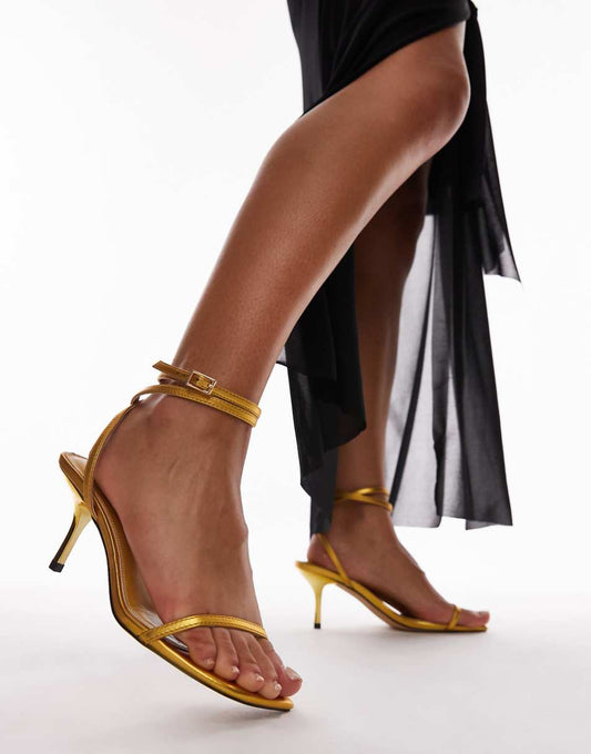 Topshop Wide Fit Fina barely there mid heeled sandals in gold