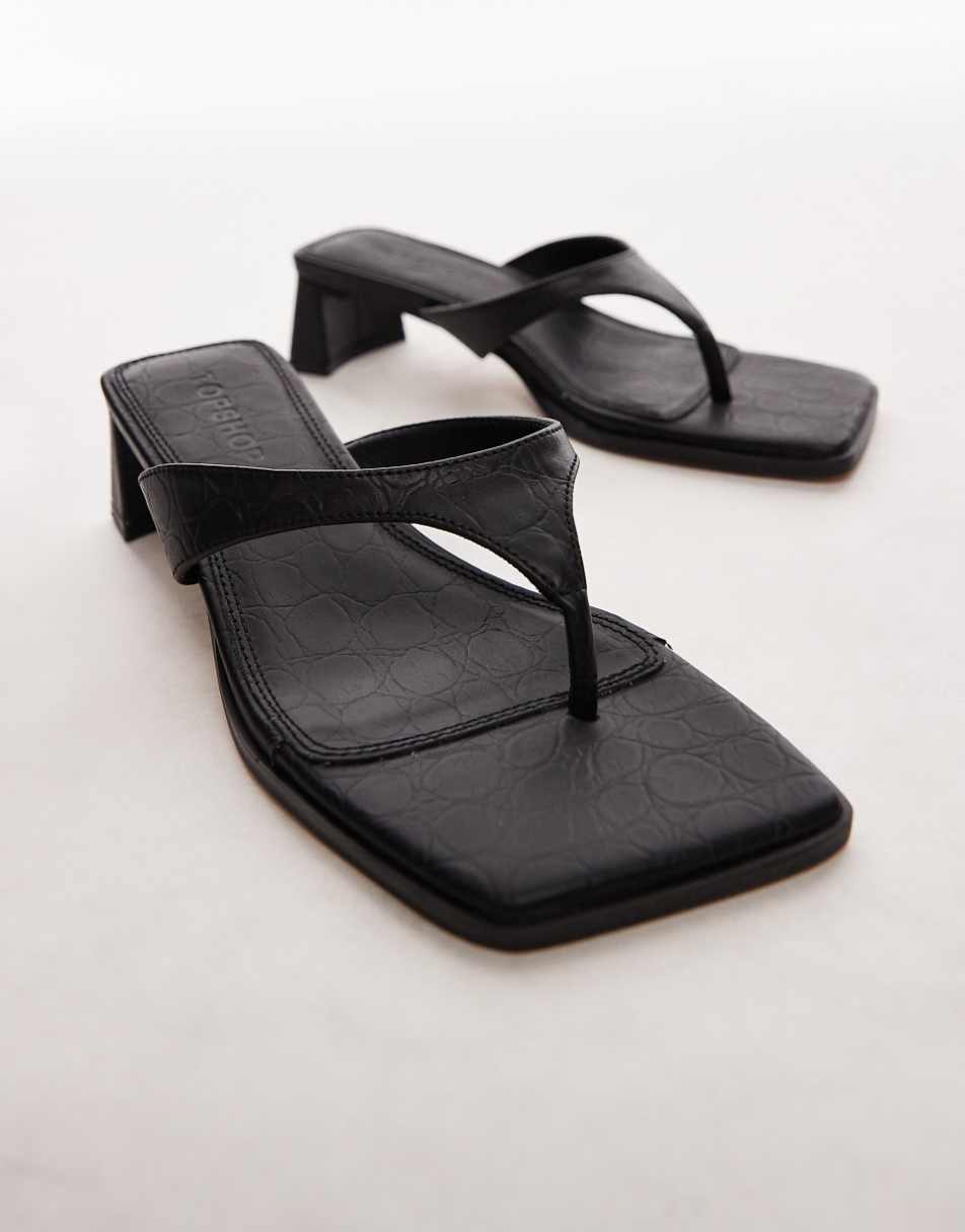 Topshop Indy toe post mid heeled sandals in black croc