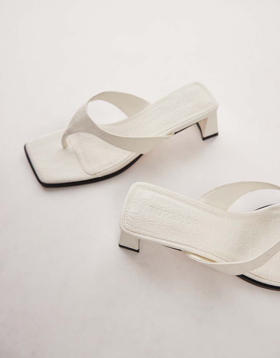 Topshop Indy toe post mid heeled sandals in off white croc