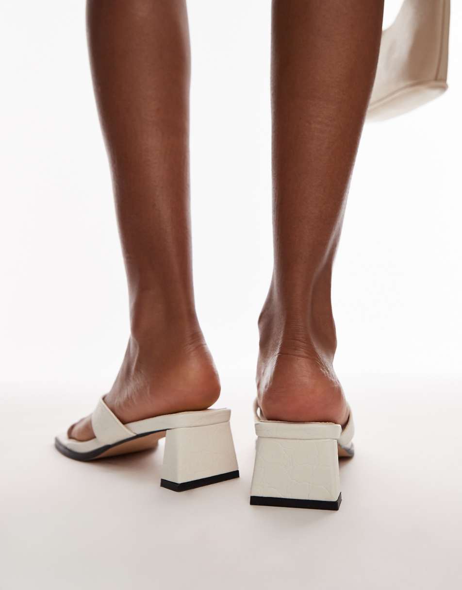 Topshop Indy toe post mid heeled sandals in off white croc