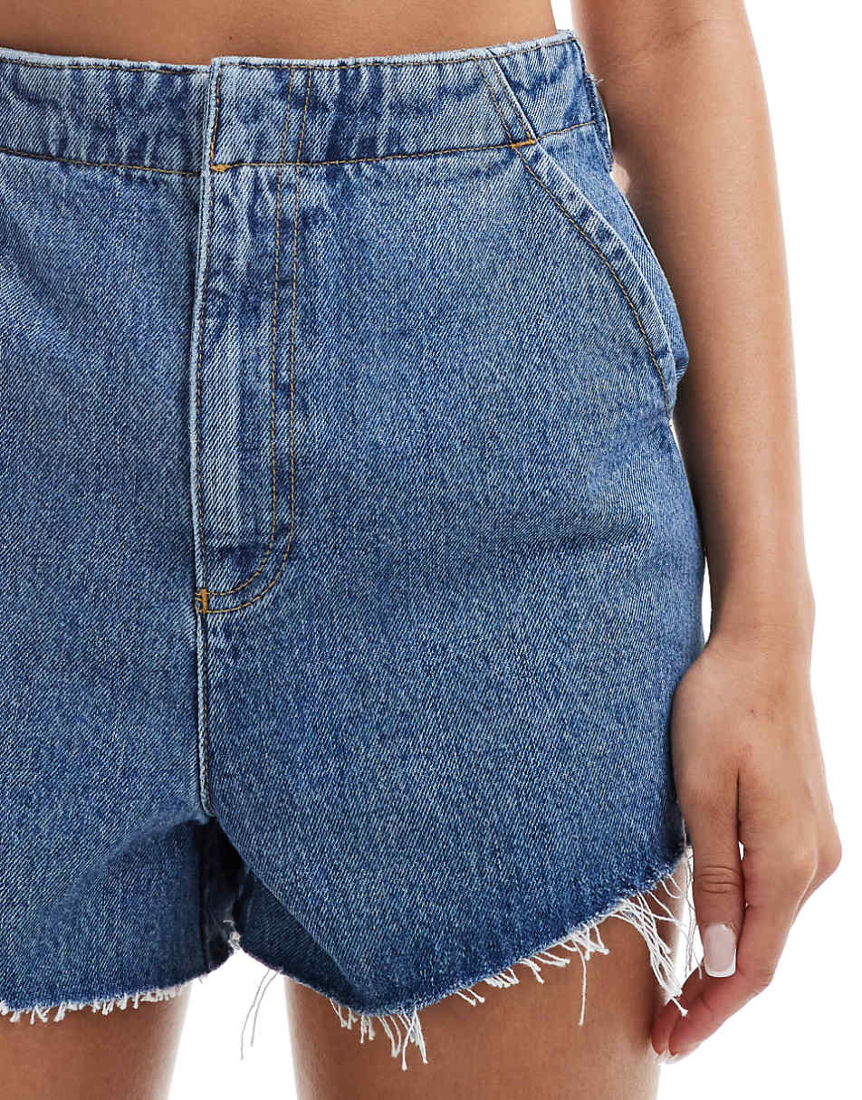 ASOS DESIGN denim micro shorts with cinch waist in midwash blue