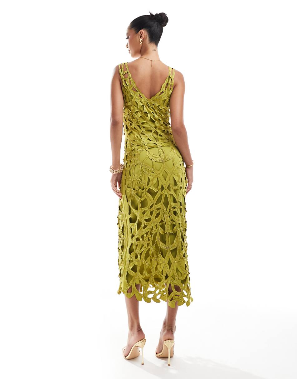 ASOS DESIGN embellished open cutwork midi dress in chartreuse