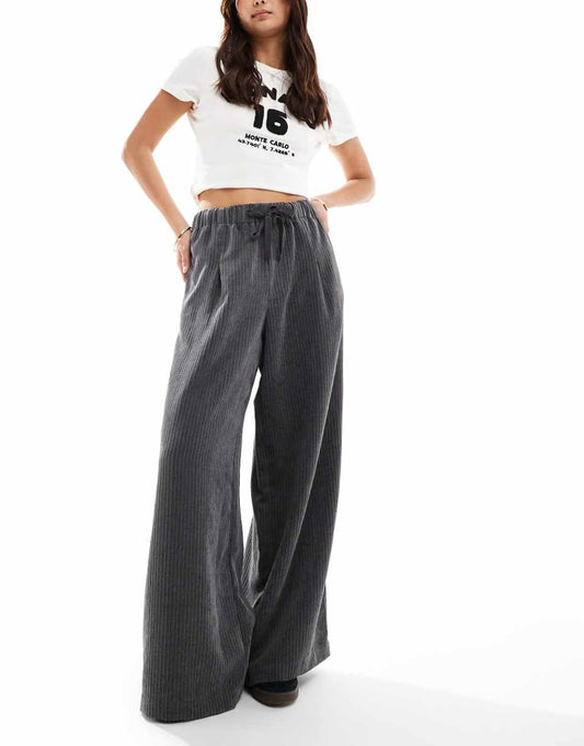 ASOS DESIGN corduroy wide leg pull on pants in gray