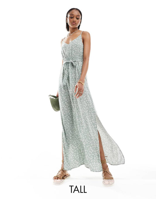 Vero Moda Tall v neck maxi dress with tie waist in sage green floral