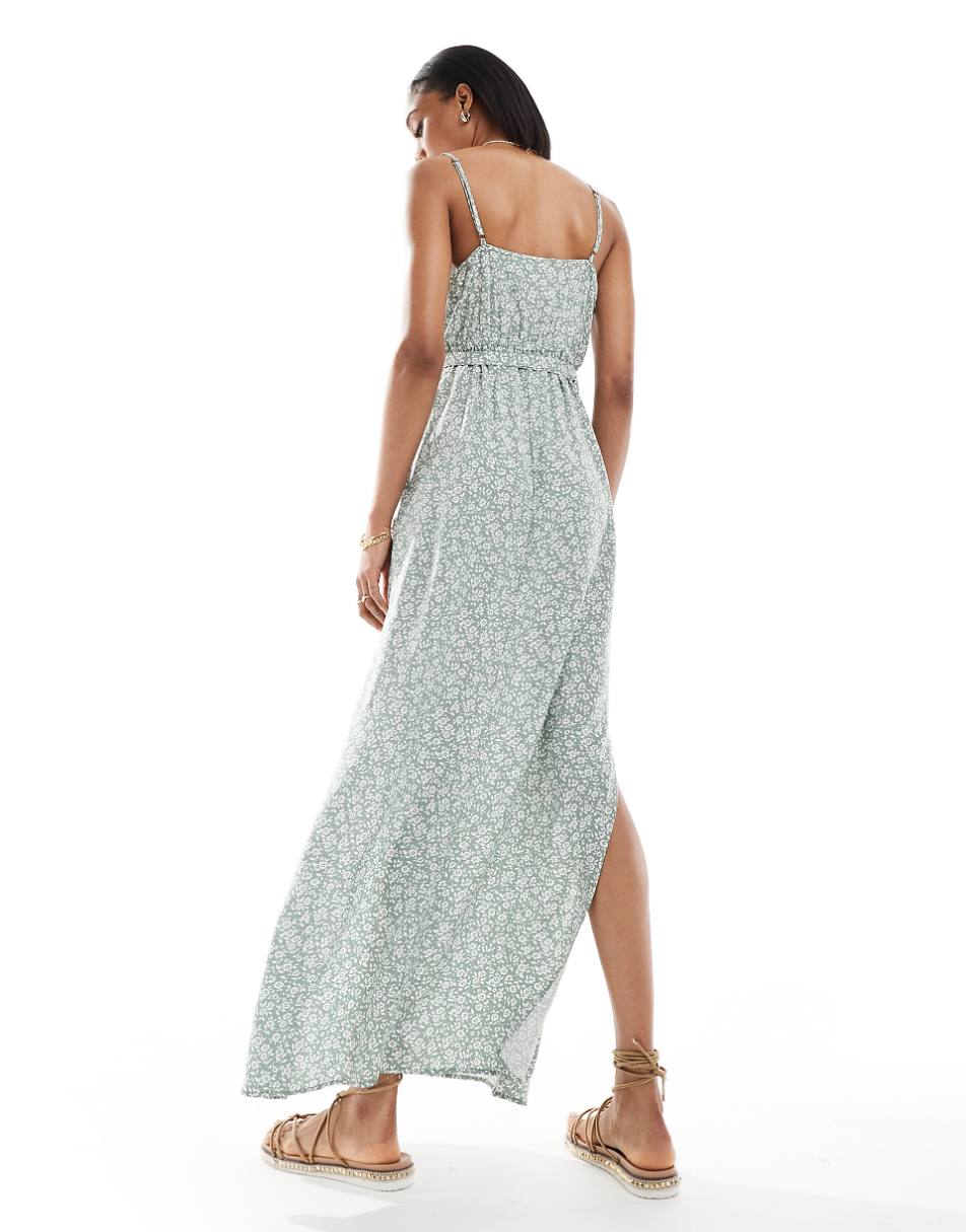 Vero Moda Tall v neck maxi dress with tie waist in sage green floral