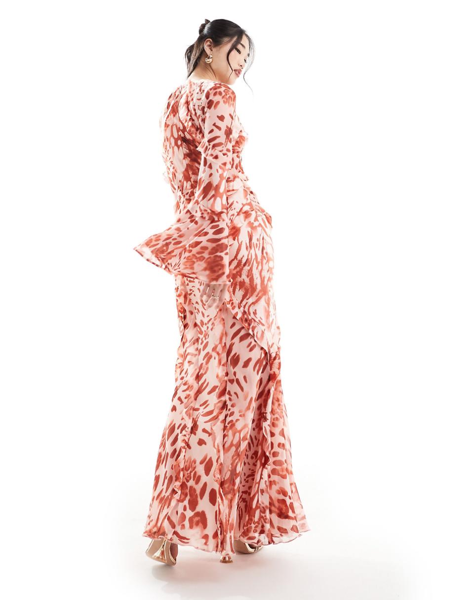 ASOS DESIGN long sleeve ruffle maxi in satin and chiffon mix in red animal print