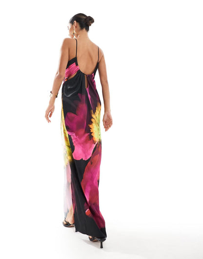 ASOS DESIGN printed satin maxi dress with keyhole detail in abstract floral