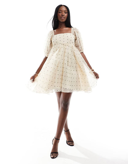 Lace & Beads square neck babydoll organza mini dress in polka dot