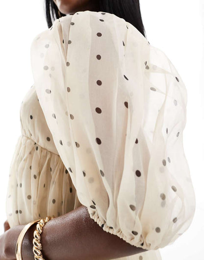 Lace & Beads square neck babydoll organza mini dress in polka dot