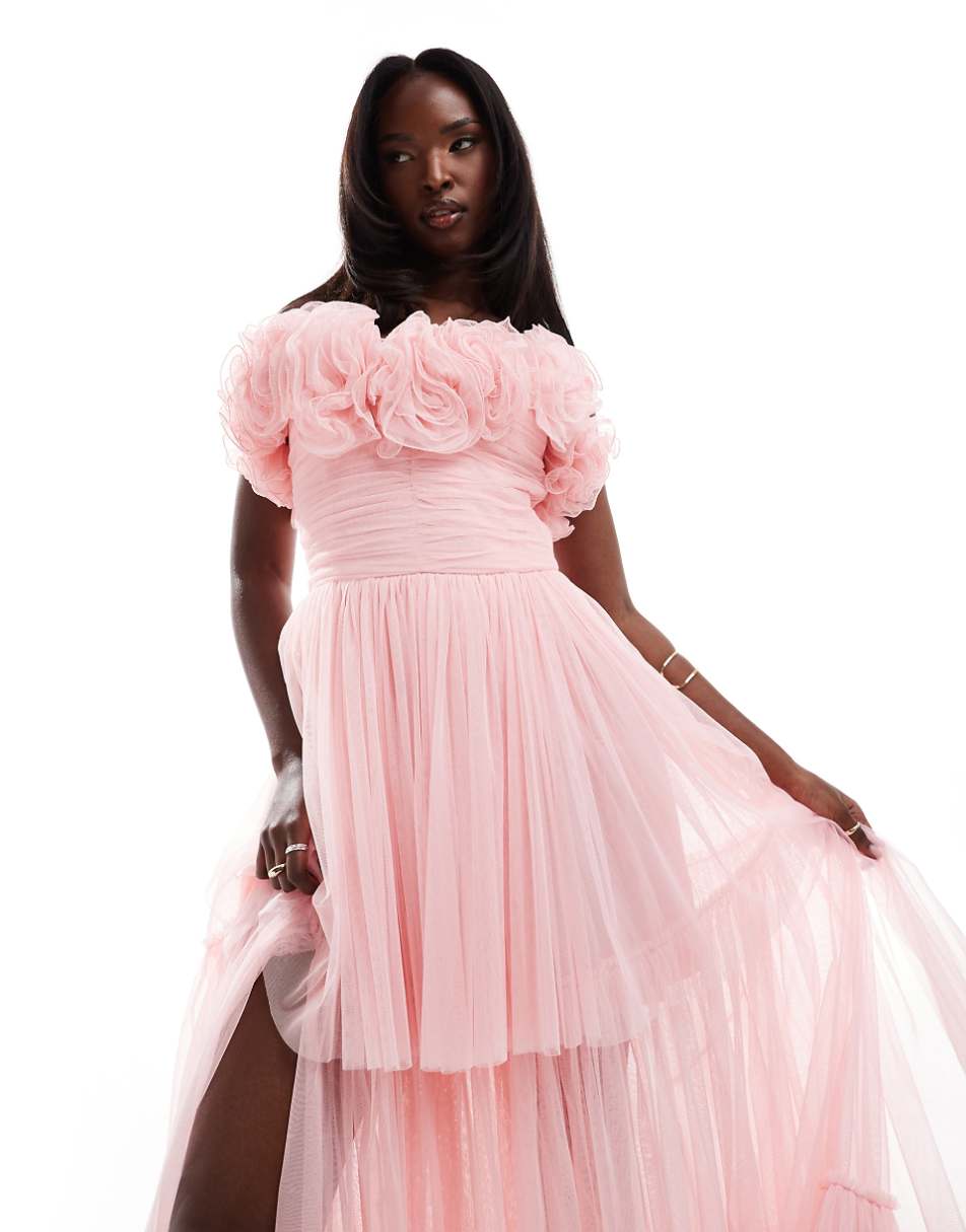 Lace & Beads corsage tulle maxi dress in powder pink