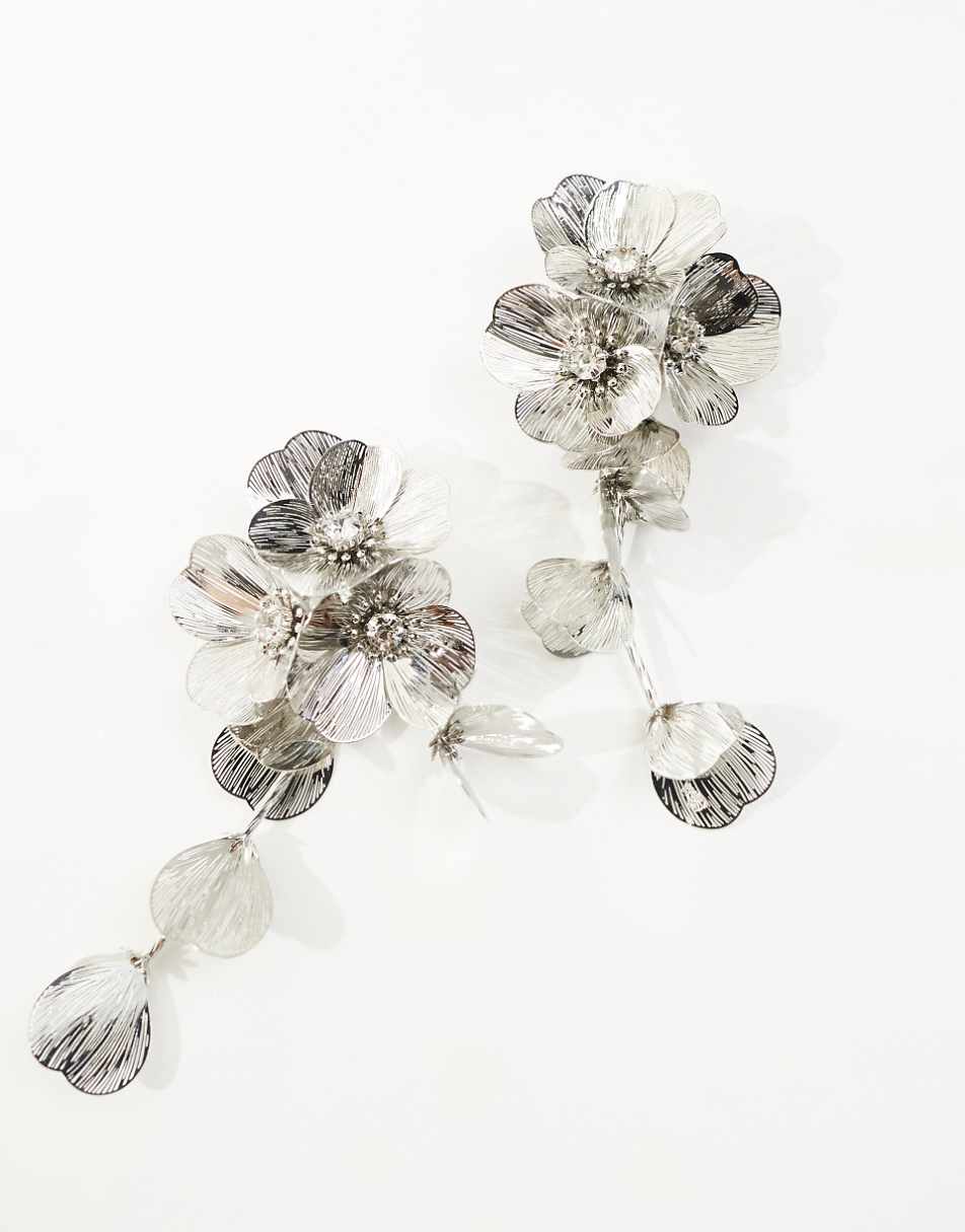 ASOS DESIGN drop earrings with 3D floral design in silver tone
