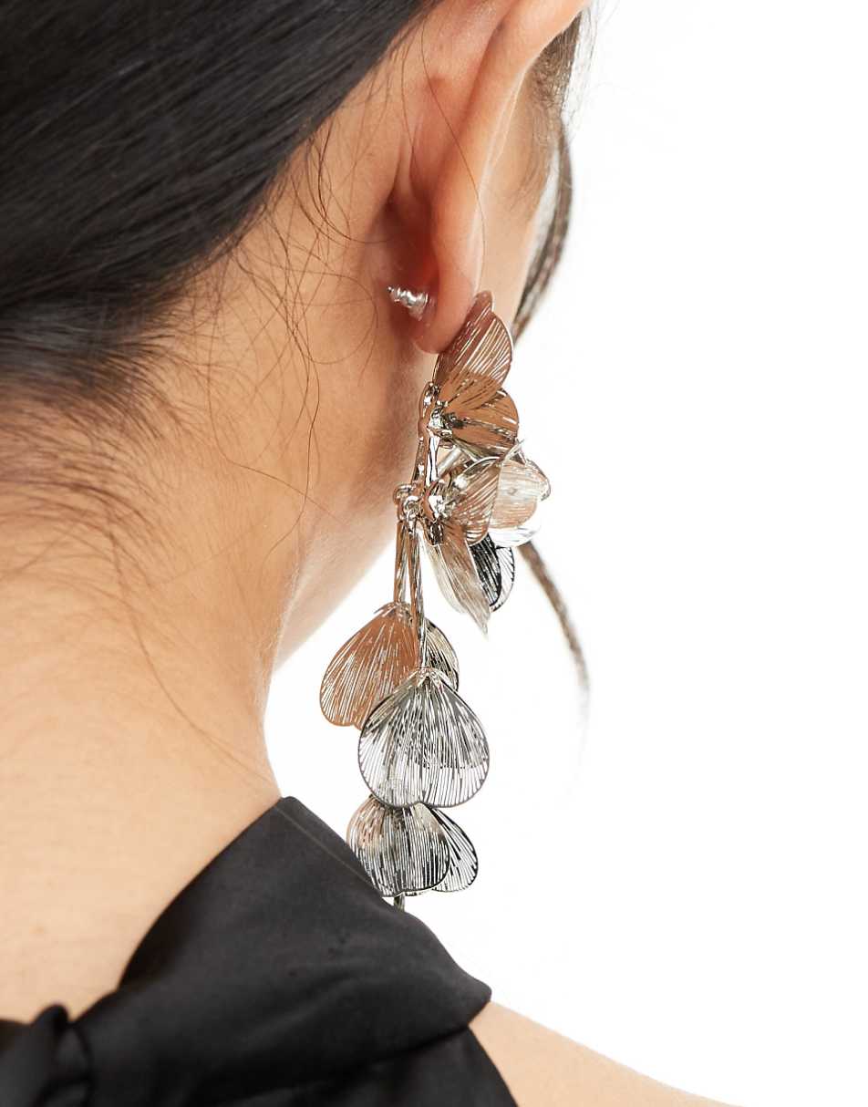 ASOS DESIGN drop earrings with 3D floral design in silver tone