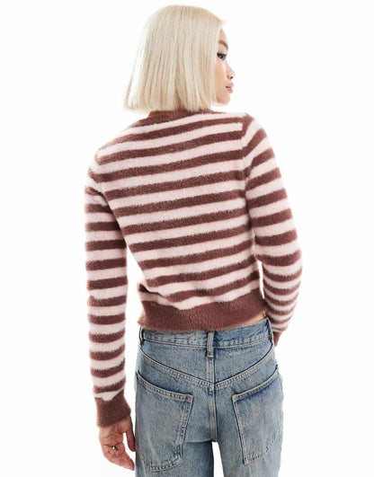 Daisy Street micro button up knit cardigan in pink brown stripe