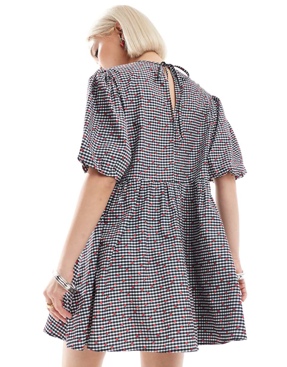 Daisy Street puff sleeve printed mini smock dress in black