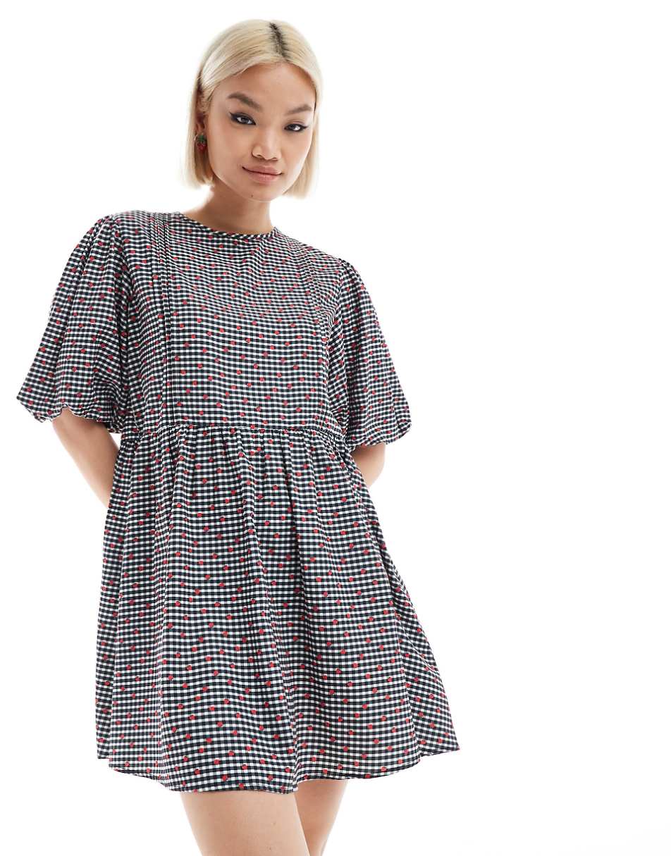 Daisy Street puff sleeve printed mini smock dress in black