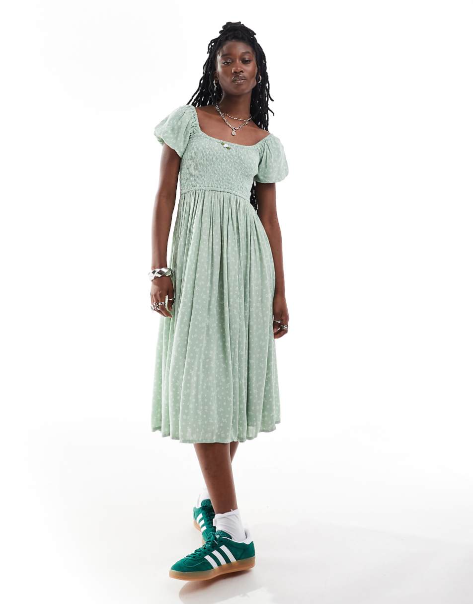 Daisy Street shirred bust midi smock dress in sage ditsy with rosette detail