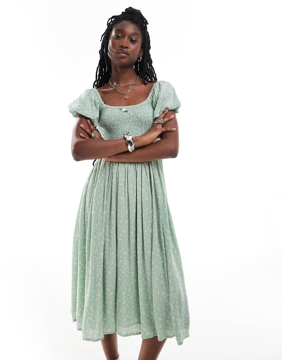 Daisy Street shirred bust midi smock dress in sage ditsy with rosette detail