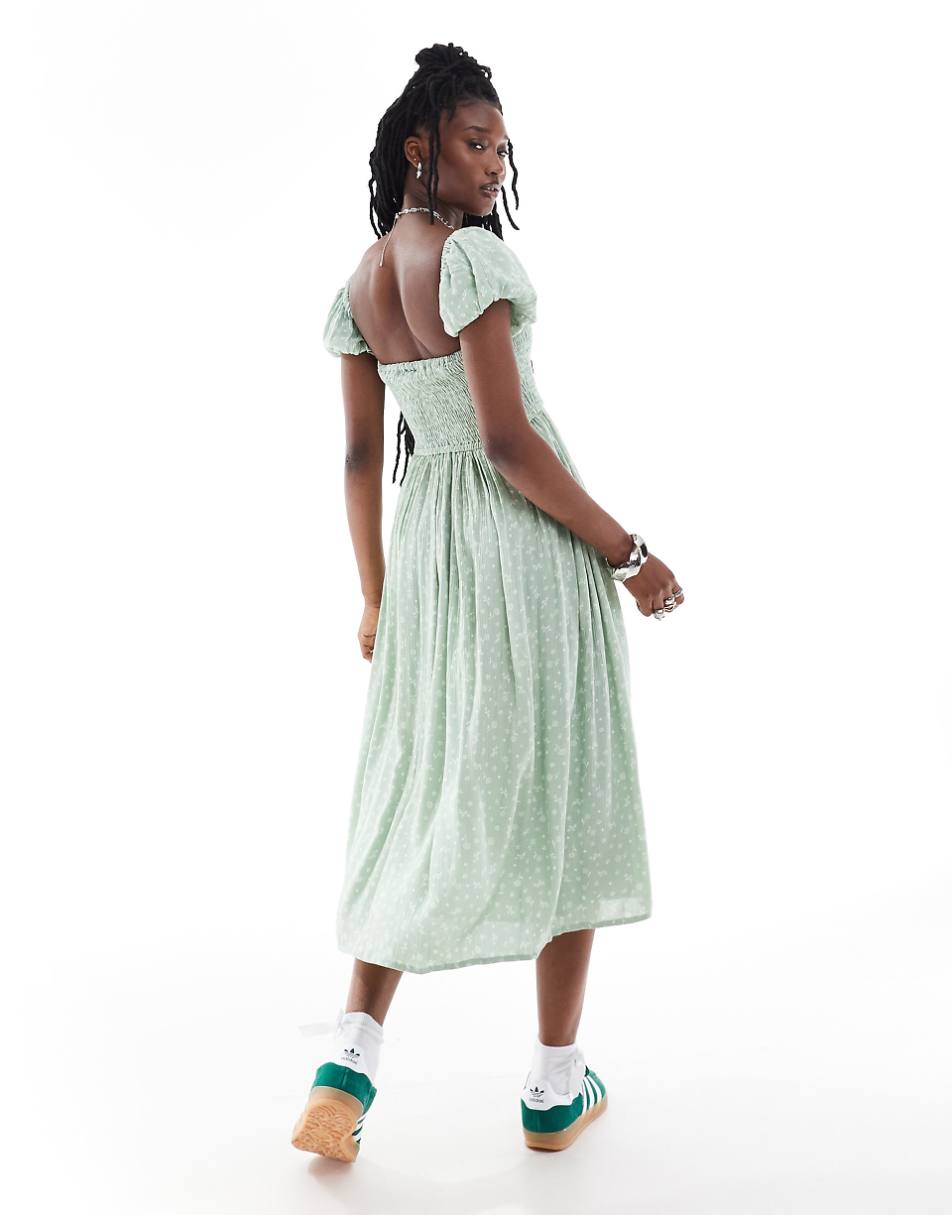 Daisy Street shirred bust midi smock dress in sage ditsy with rosette detail