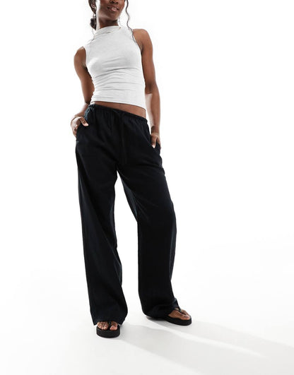 Bershka tie waist wide leg linen pants in black