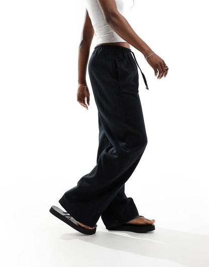 Bershka tie waist wide leg linen pants in black