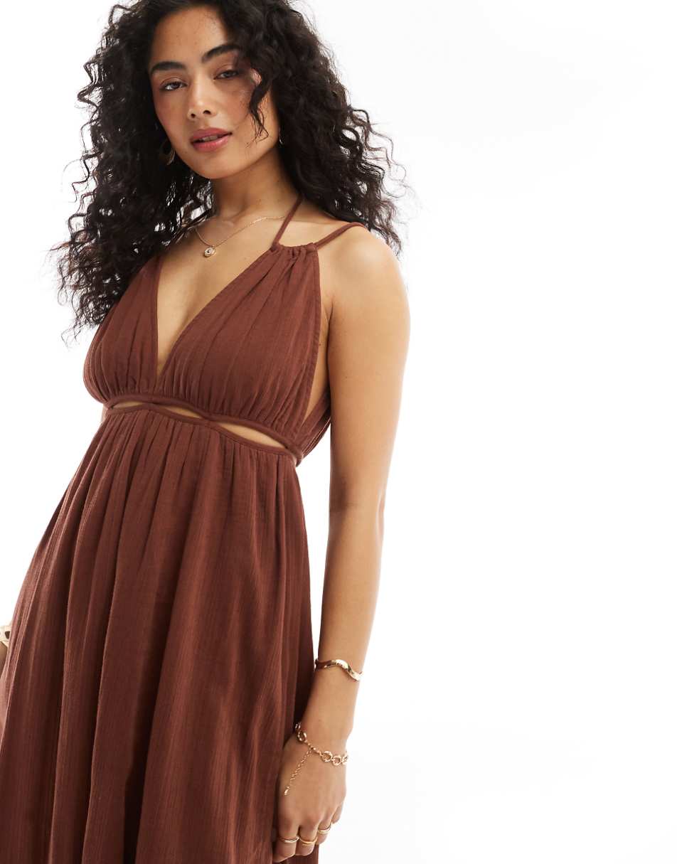 ASOS DESIGN double cloth maxi dress with twisted strap and cut-out detail in brown