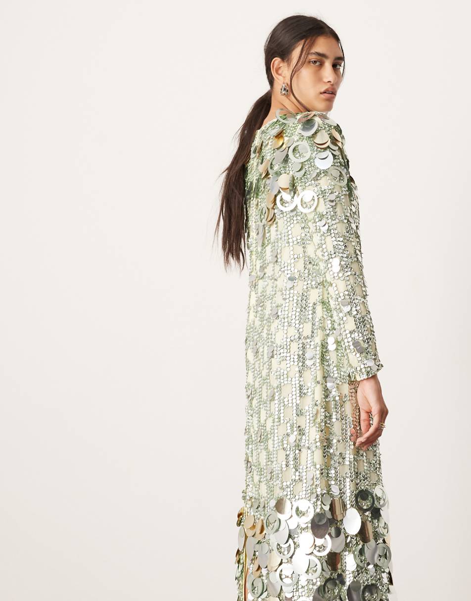 ASOS EDITION stacked multi sequin long sleeve column midaxi dress in green