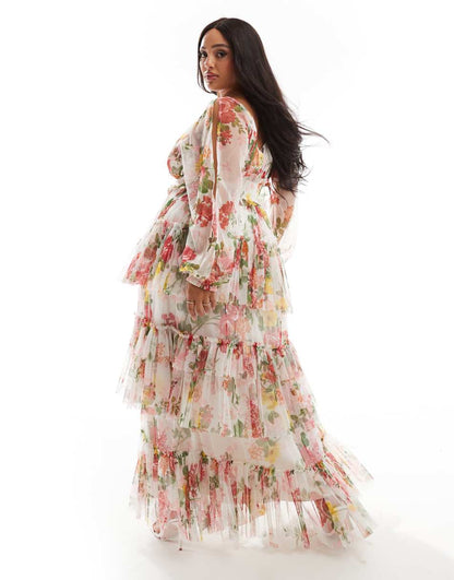 Lace & Beads Plus sheer sleeve tiered tulle maxi dress in bright floral