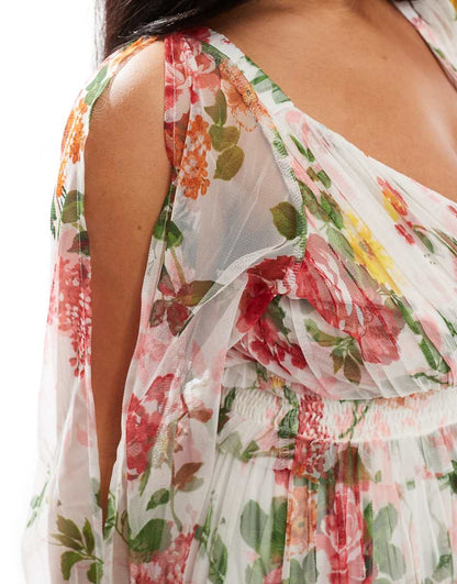 Lace & Beads Plus sheer sleeve tiered tulle maxi dress in bright floral