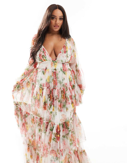Lace & Beads Plus sheer sleeve tiered tulle maxi dress in bright floral