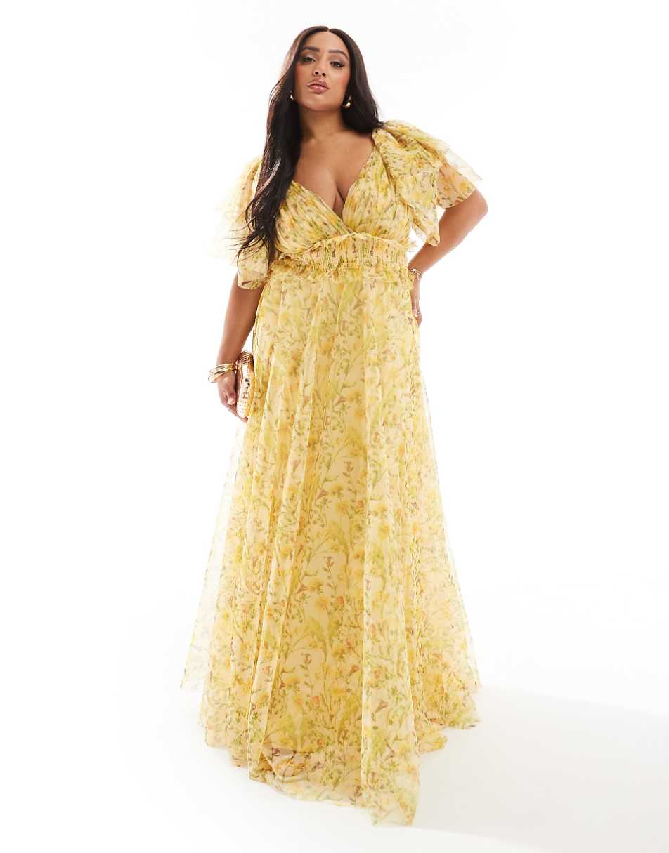 Lace & Beads Plus flutter sleeve tiered tulle maxi dress in yellow floral