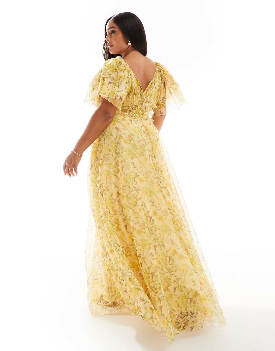 Lace & Beads Plus flutter sleeve tiered tulle maxi dress in yellow floral