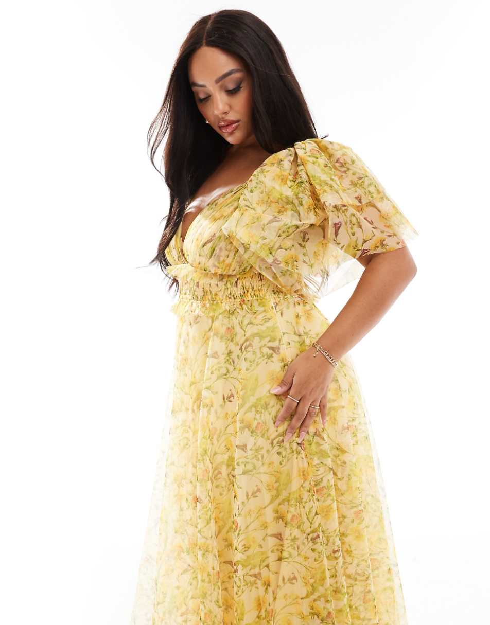 Lace & Beads Plus flutter sleeve tiered tulle maxi dress in yellow floral