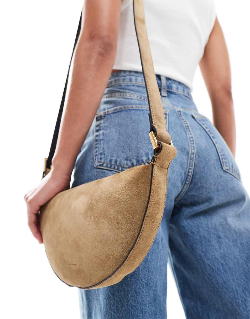 AllSaints suede half moon crossbody bag in light brown