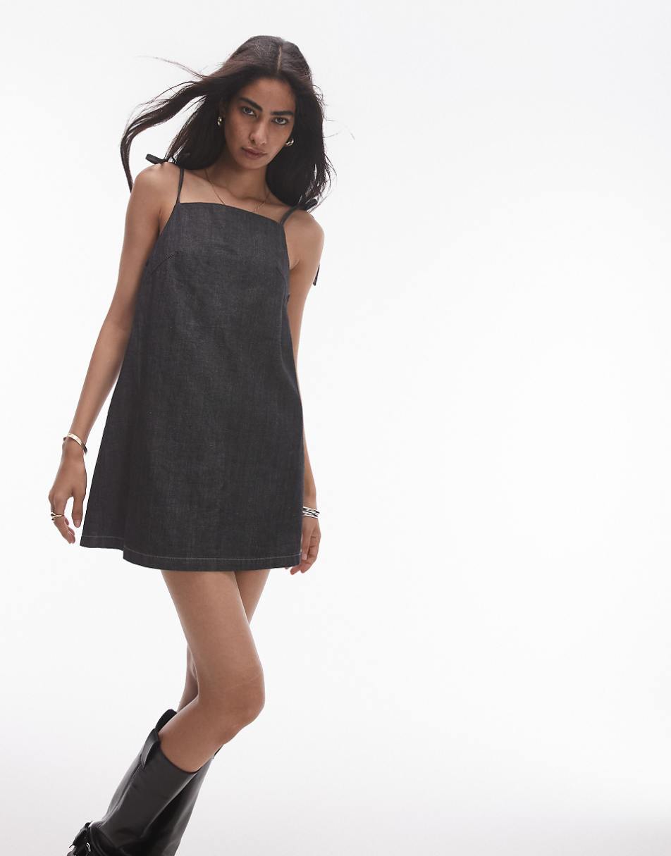 Topshop denim bow tie mini dress in black ecru