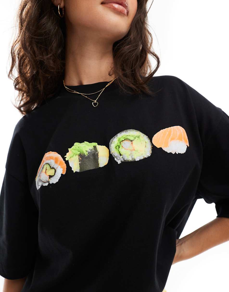 ASOS DESIGN boyfriend fit T-shirt with sushi graphic in black