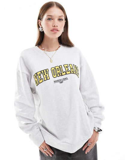 ASOS DESIGN oversized sweat with new orleans graphic in ice heather