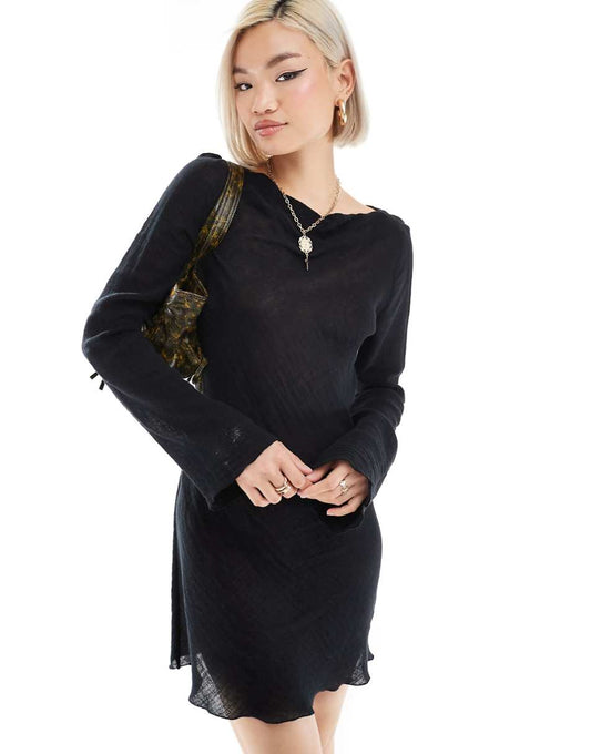 Weekday Ginko linen blend long sleeve mini dress in black