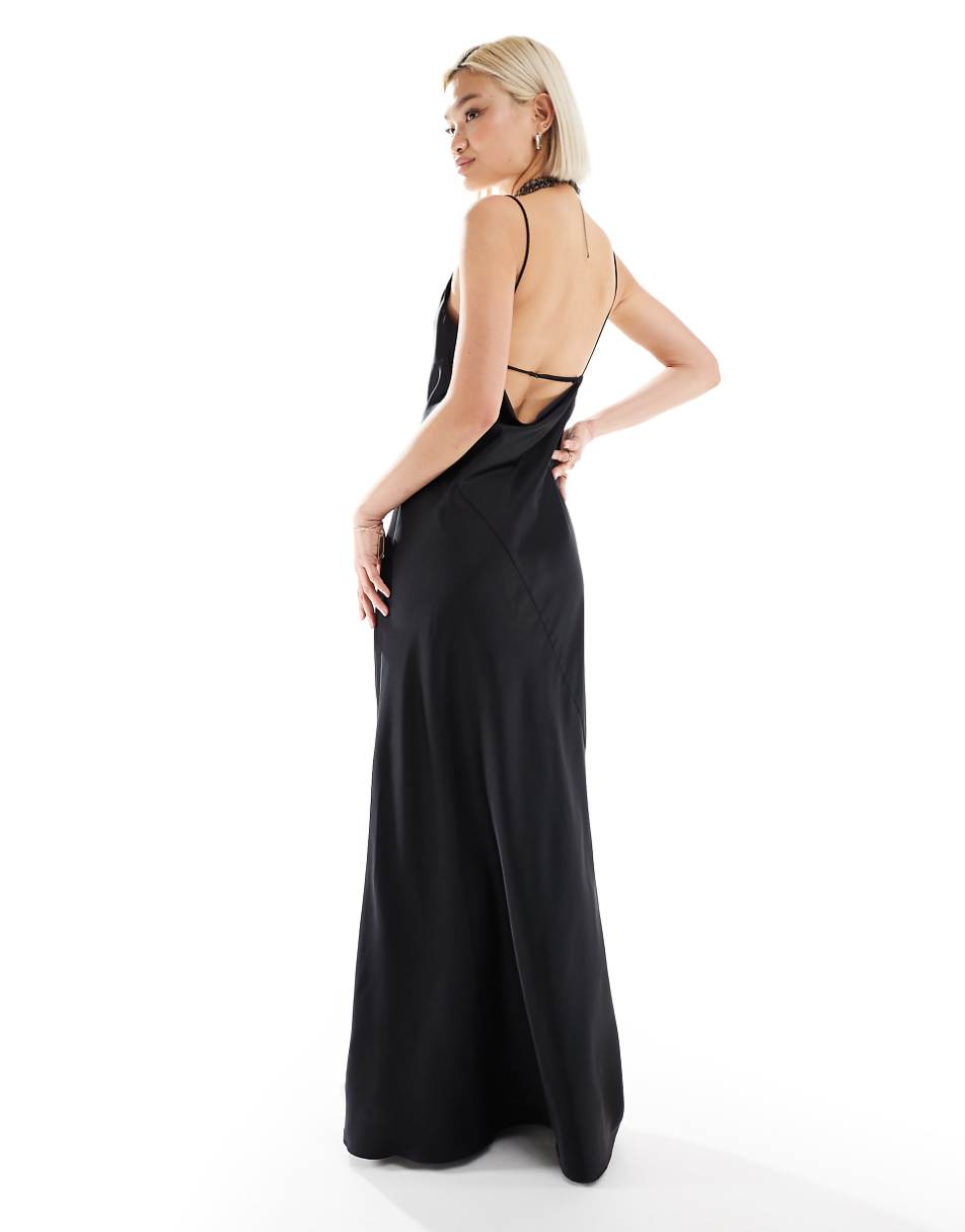 Weekday Lava satin midi slip dress with seam detail in black