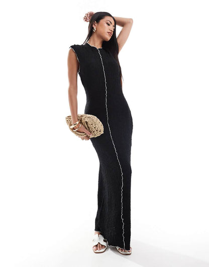ASOS DESIGN textured midi dress with exposed seams in black