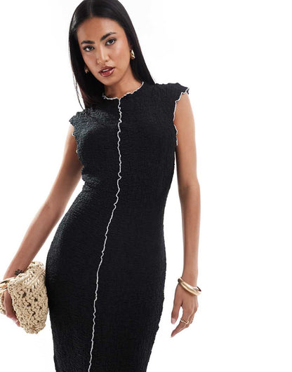 ASOS DESIGN textured midi dress with exposed seams in black
