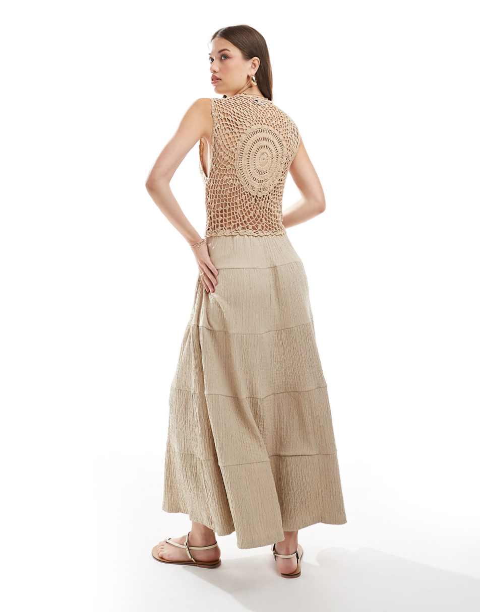 ASOS DESIGN crochet bodice maxi dress with tiered skirt in stone