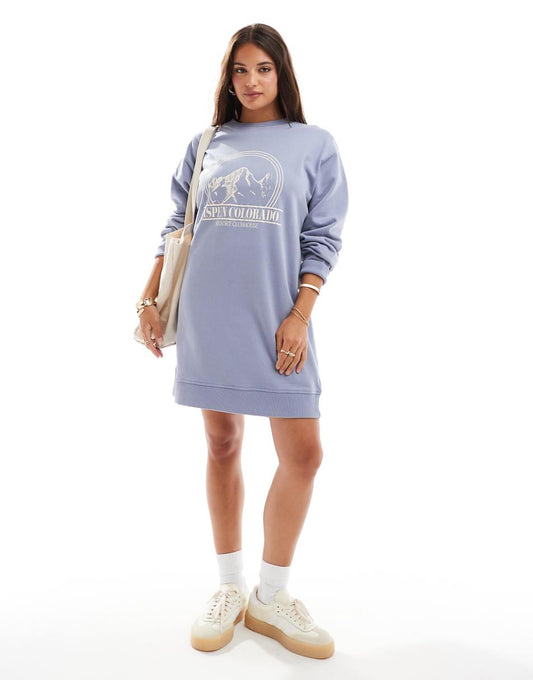 ASOS DESIGN graphic mini sweatshirt dress in washed baby blue