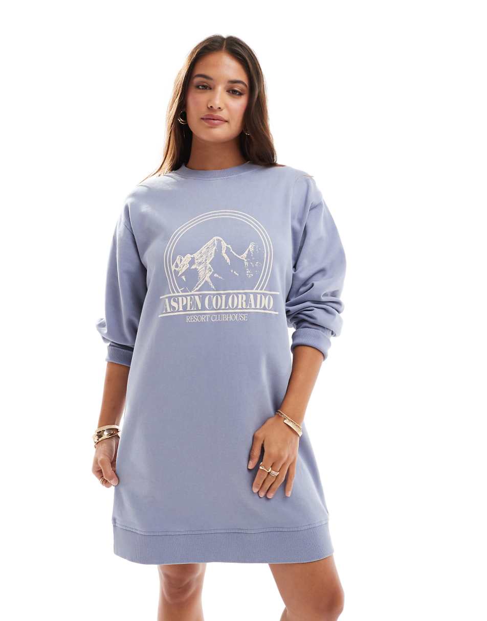 ASOS DESIGN graphic mini sweatshirt dress in washed baby blue